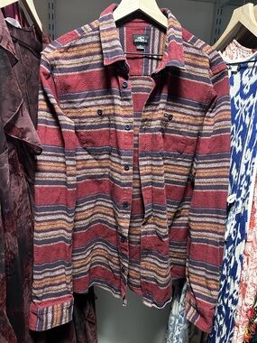 O'Neill Maroon Striped Button-Front Shirt Jacket